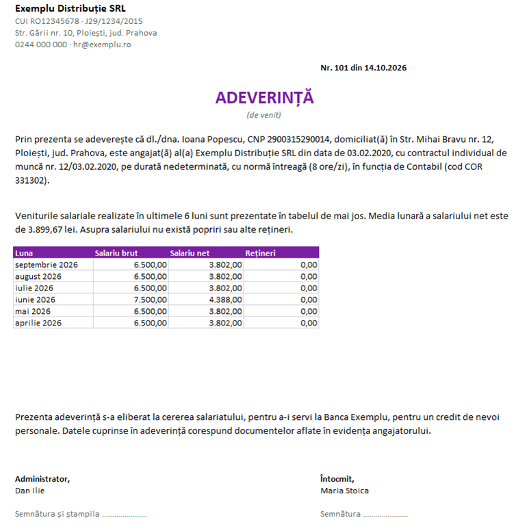 Adeverință de venit completată automat, cu veniturile pe ultimele 6 luni