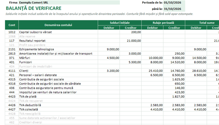Balanță de verificare Excel
