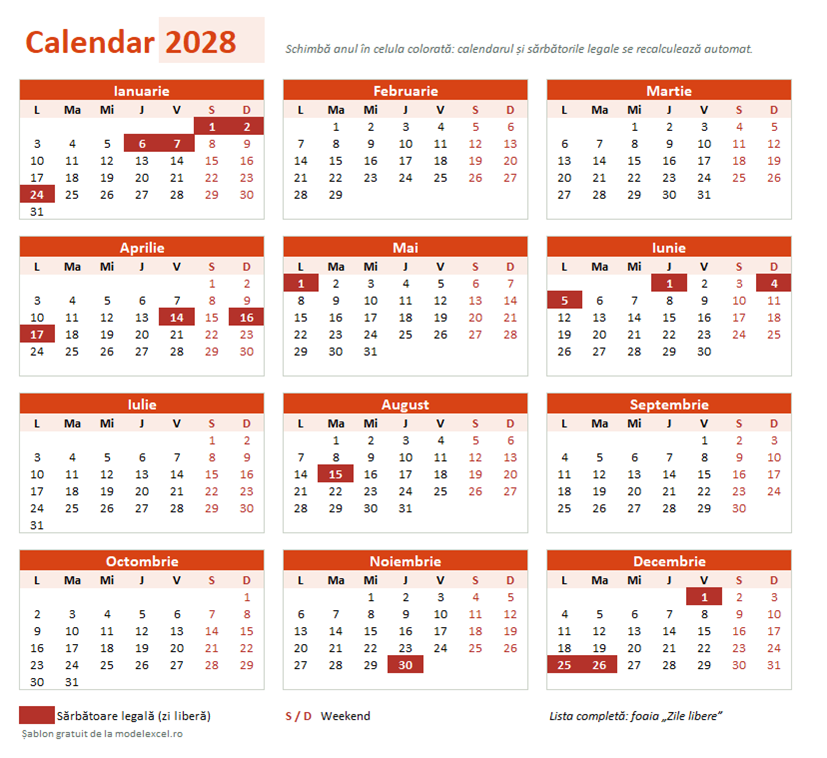 Calendar 2028 pe o pagină, cu sărbătorile legale colorate
