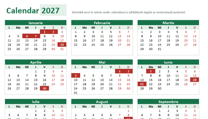 Calendar 2027 Excel cu zilele libere legale marcate cu roșu