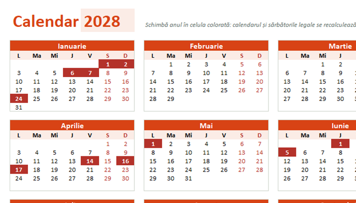 Calendar 2028 în Excel cu zilele libere legale marcate