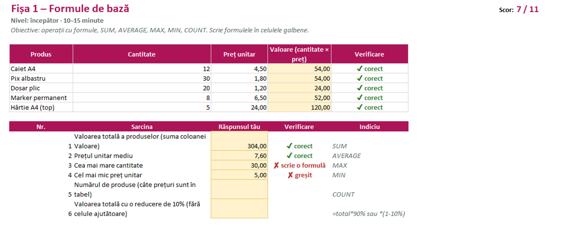 Fișă de lucru Excel cu verificarea automată a răspunsurilor