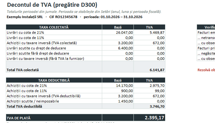 Decont de TVA în Excel din jurnalul de vânzări și jurnalul de cumpărări