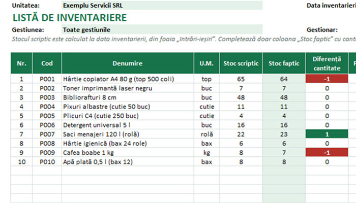 Listă de inventariere Excel