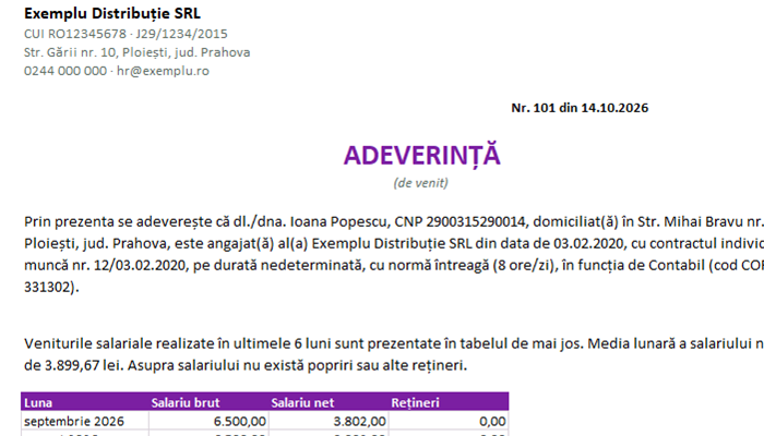 Model adeverință de salariat Excel