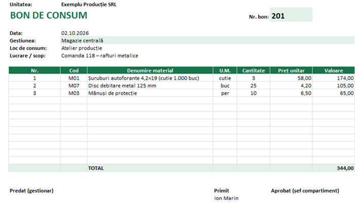 Model bon de consum Excel