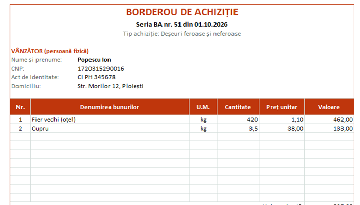 Model borderou de achiziție Excel