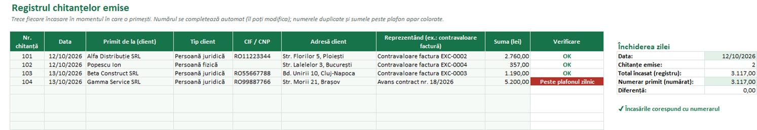 Registrul chitanțelor emise în Excel cu verificarea plafonului și închiderea zilei