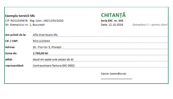 Model chitanță Excel cu suma în litere completată automat