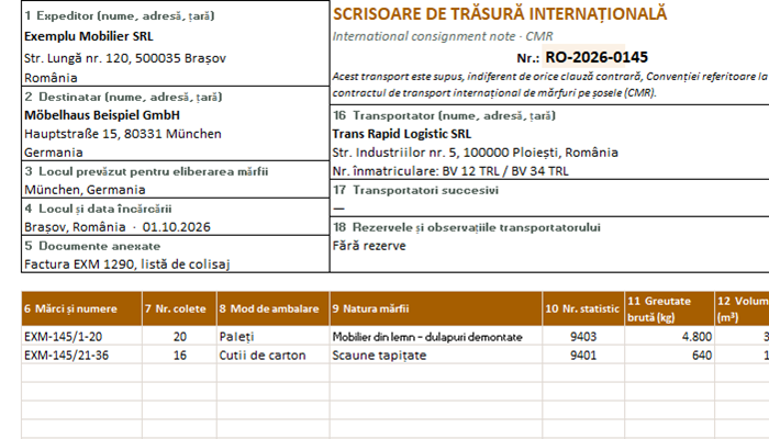 Model CMR în Excel – scrisoare de trăsură internațională