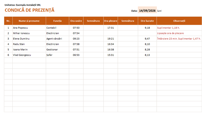 Model condică de prezență Excel