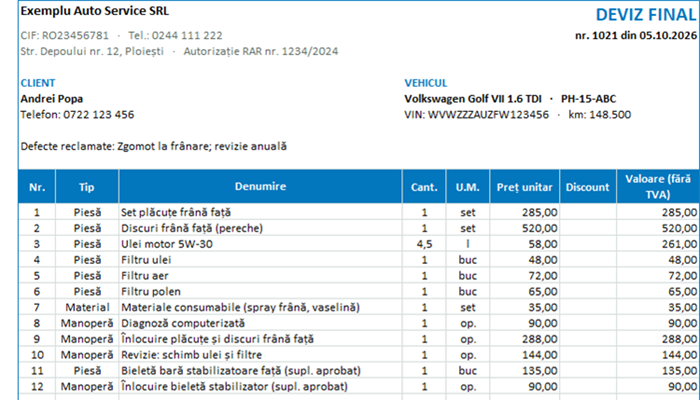 Model deviz service auto Excel