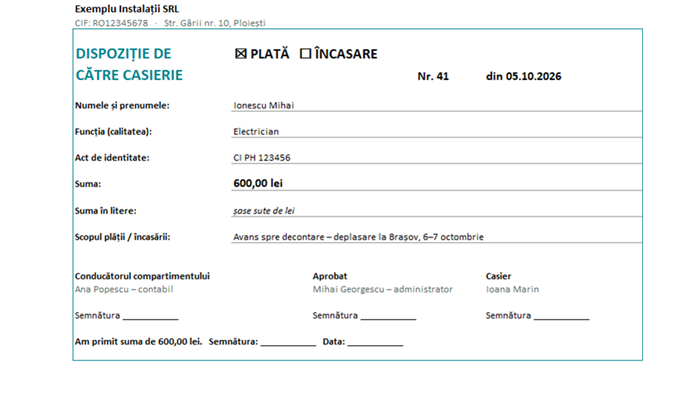 Model dispoziție de plată / încasare Excel