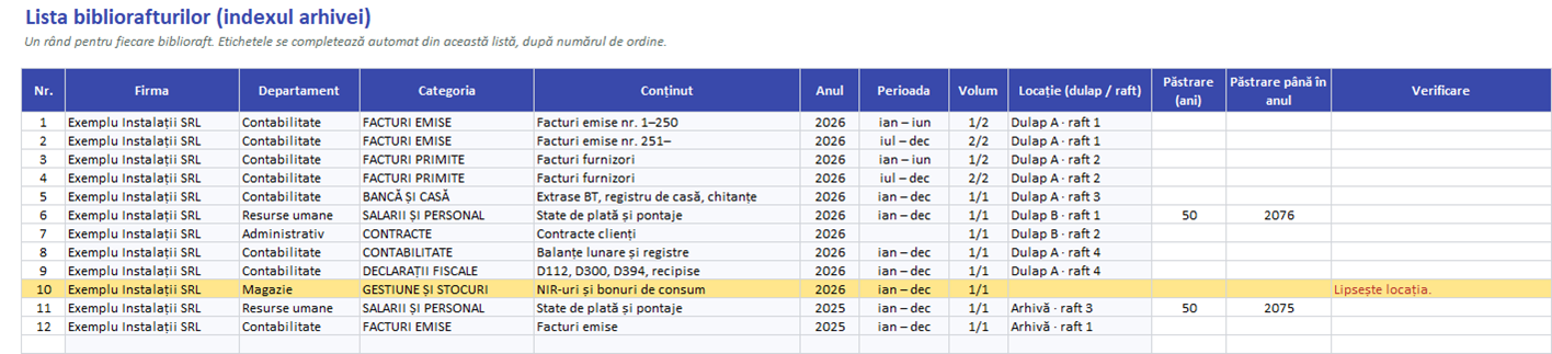 Lista bibliorafturilor în Excel cu locația și termenul de păstrare