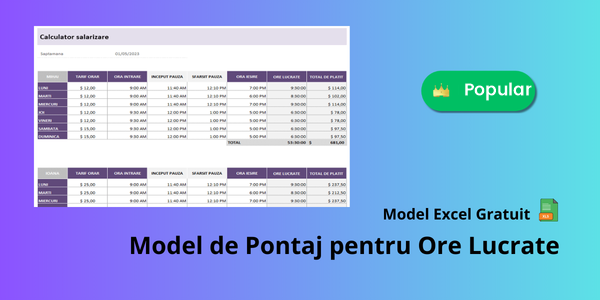 Model de pontaj Excel pentru ore lucrate
