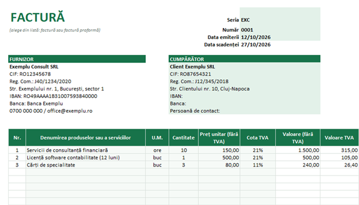 Model factură Excel cu registru de facturi