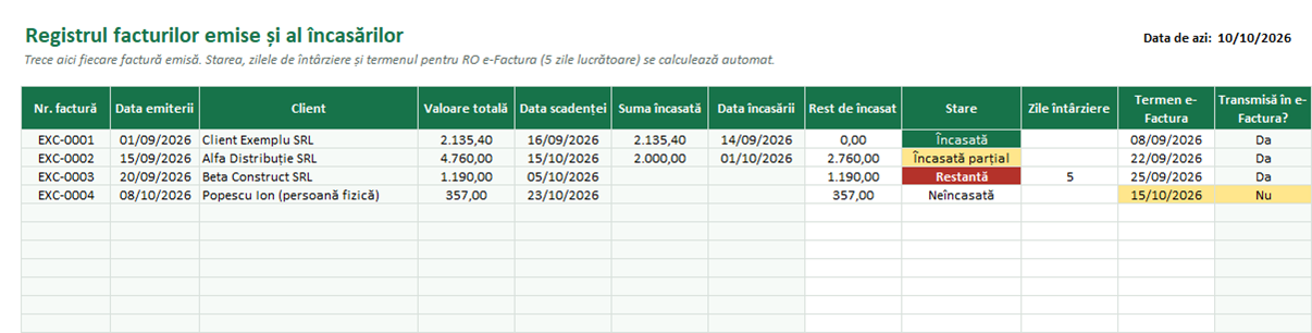 Registrul facturilor emise în Excel, cu încasări, restanțe și termen e-Factura