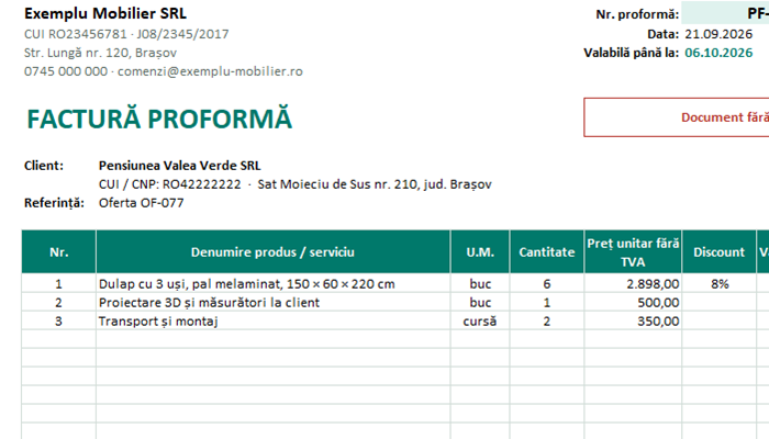 Model factură proformă în Excel, cu avans de plată și IBAN