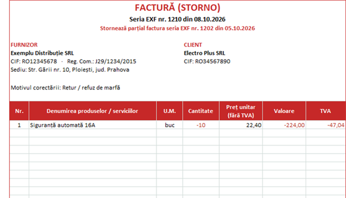 Model factură storno Excel