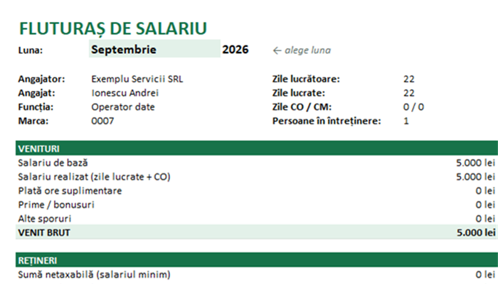 Model fluturaș de salariu Excel 2026