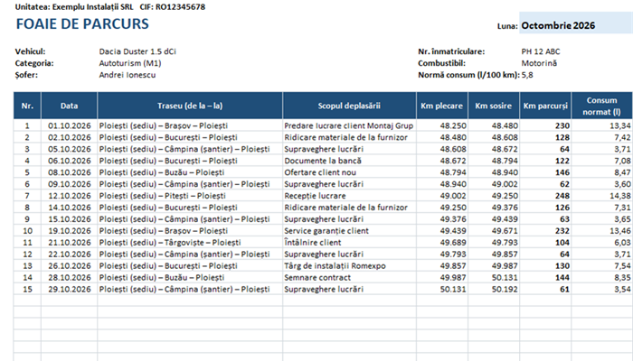 Model foaie de parcurs Excel