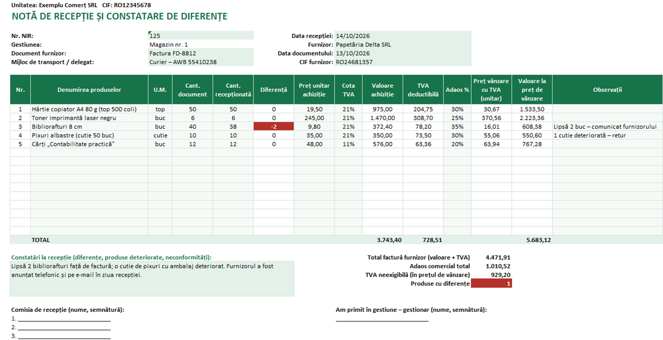 NIR completat în Excel cu constatarea diferențelor la recepție