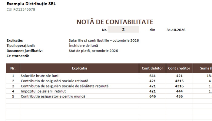 Model notă contabilă în Excel