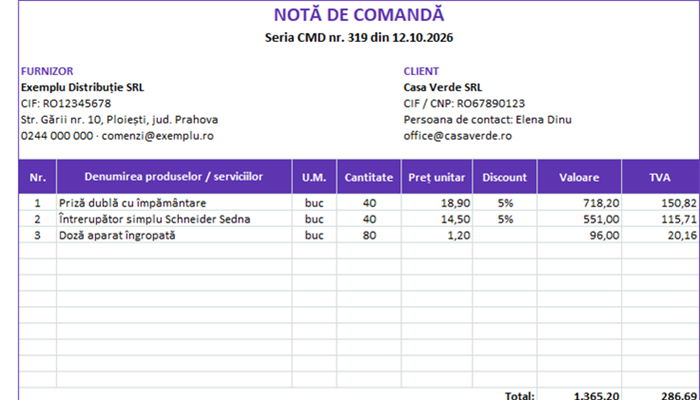 Model notă de comandă în Excel