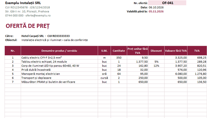 Model ofertă de preț Excel cu TVA, discount și valabilitate