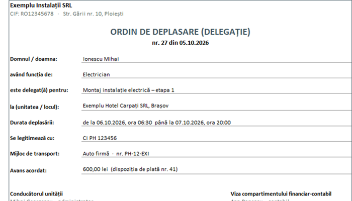Model ordin de deplasare Excel