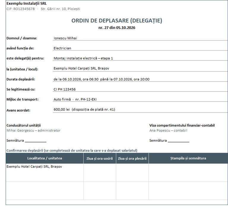 Ordin de deplasare (delegație) completat automat, cu tabelul de confirmare