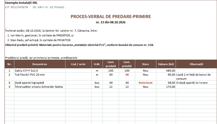Model proces-verbal de predare-primire Excel