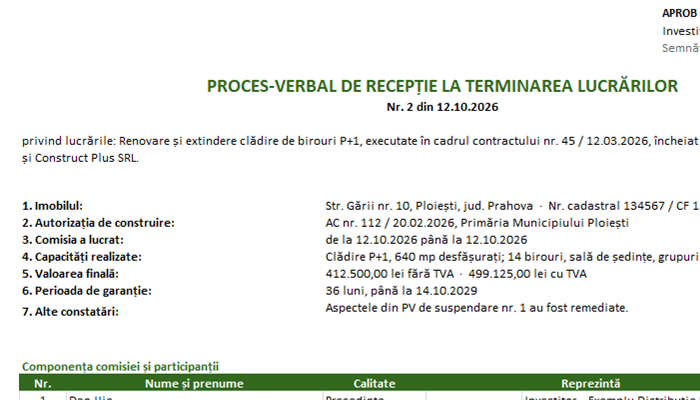 Model proces-verbal de recepție a lucrărilor Excel