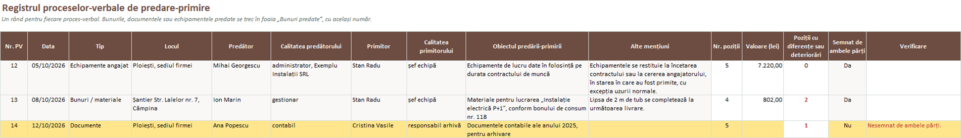 Registrul proceselor-verbale de predare-primire cu verificare automată