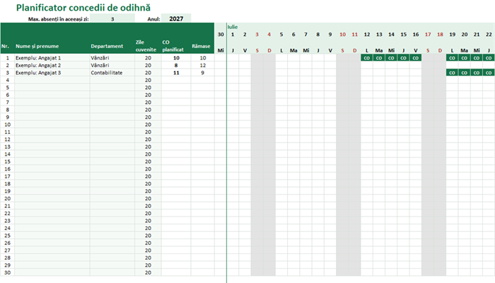 Planificator concedii de odihnă 2027 în Excel cu zilele de CO marcate pe calendar