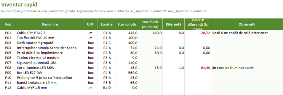Inventar rapid: stoc scriptic, stoc numărat și diferențe în cantitate și valoare