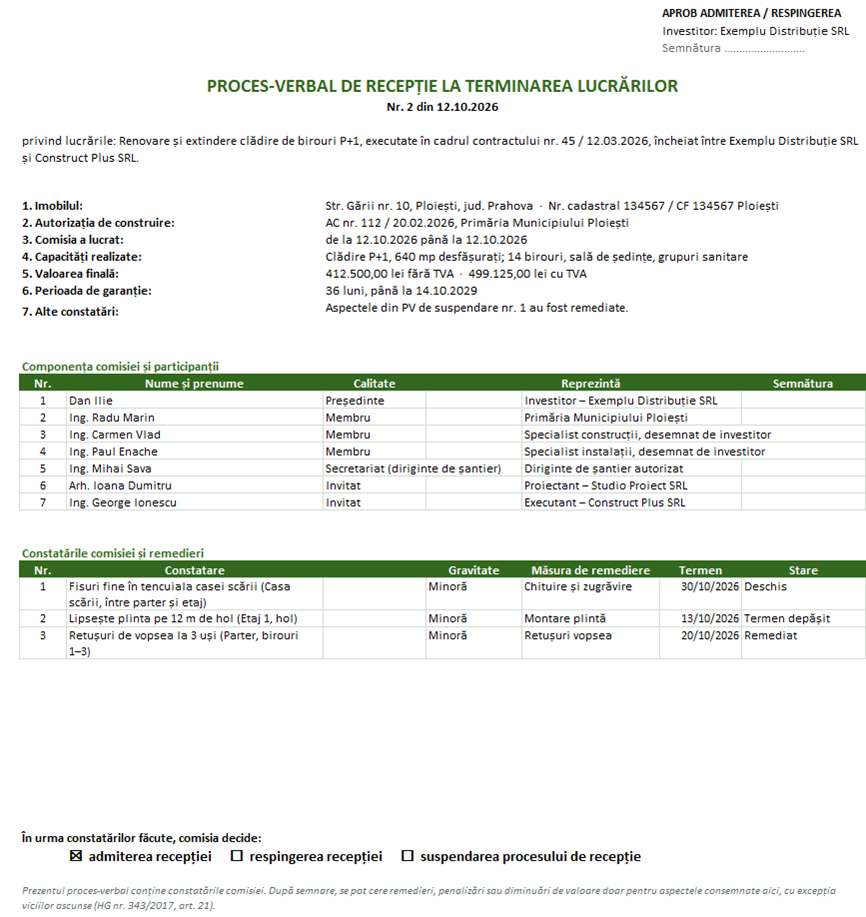 Proces-verbal de recepție la terminarea lucrărilor, completat automat din registru