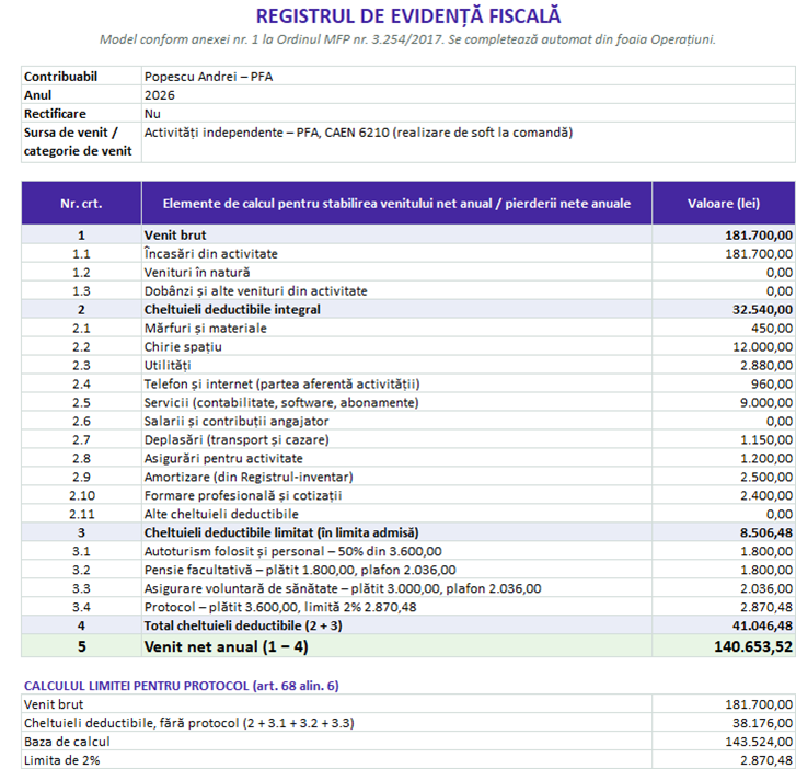 Registrul de evidență fiscală completat automat: venit brut, cheltuieli deductibile și venit net anual