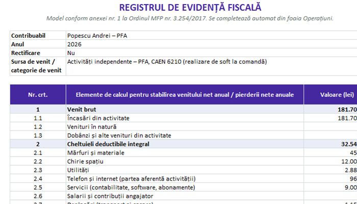 Registru de evidență fiscală Excel