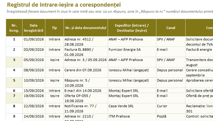 Registru intrări-ieșiri corespondență Excel