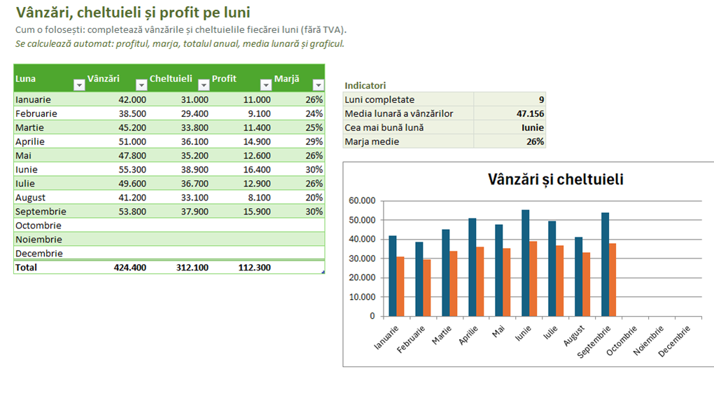 Tabel Excel cu vânzări, cheltuieli și profit pe luni și grafic