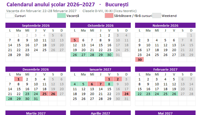Calendarul anului școlar 2026–2027 în Excel cu vacanțele școlare din 2027